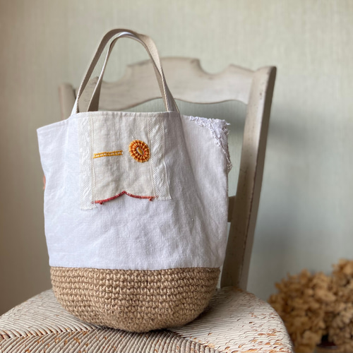 フランスアンティーク*ホームスパンリネン*手刺繍かごバッグ