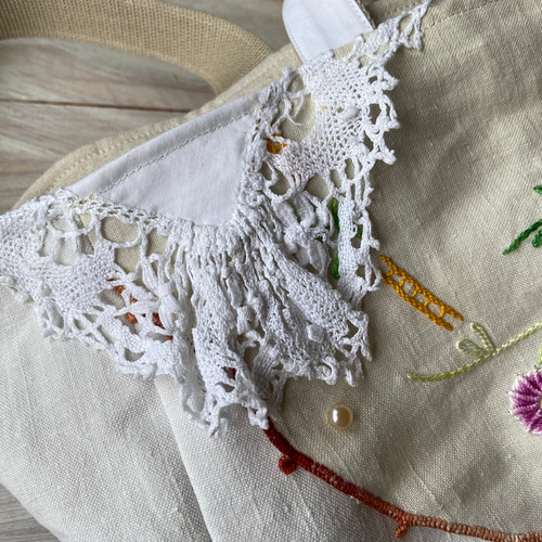 フランスアンティーク*ホームスパンリネン*手刺繍かごバッグ