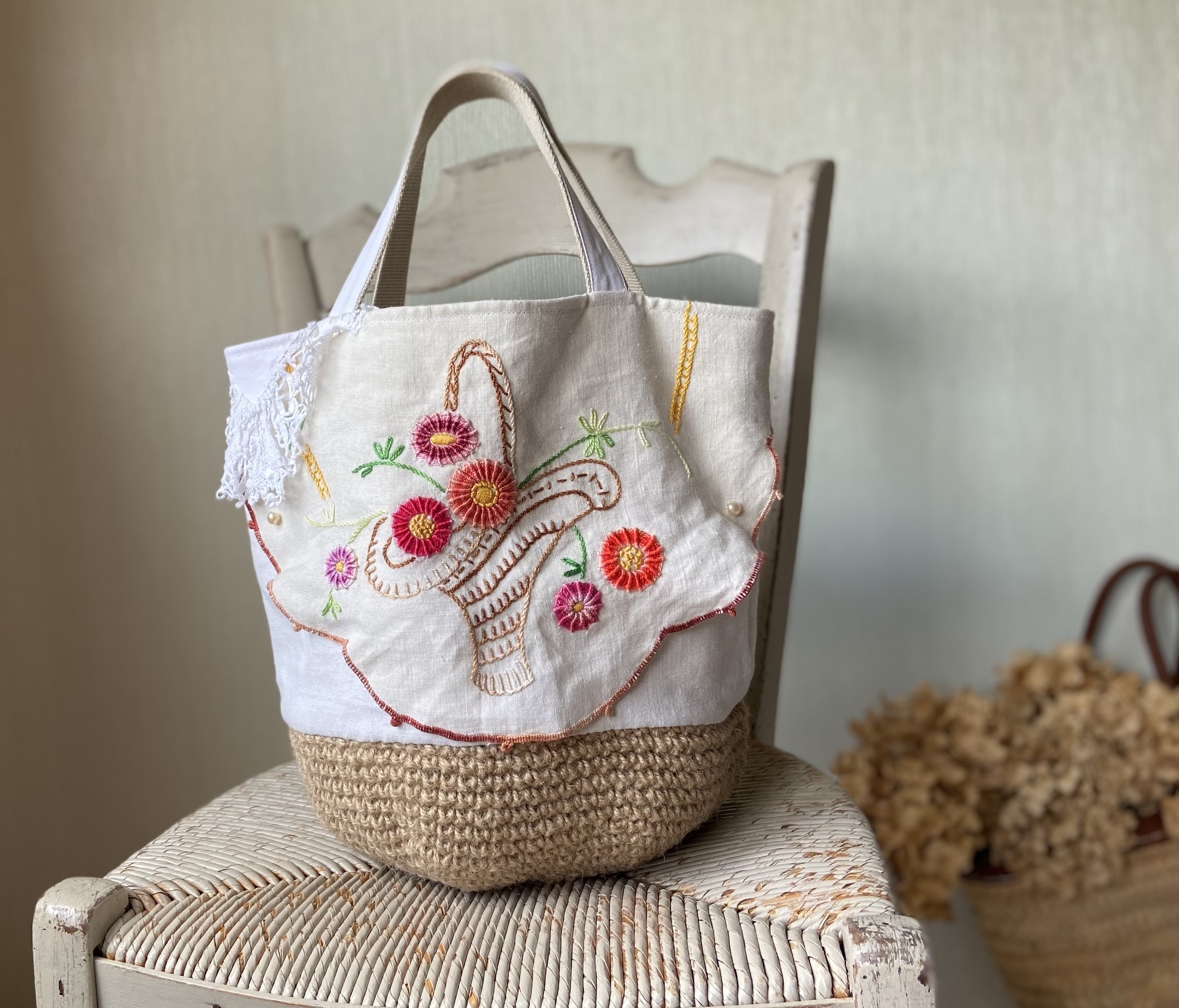 激安通販 フランスアンティーク*ホームスパンリネン*手刺繍かごバッグ 工芸品