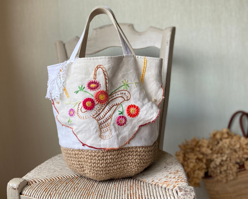 フランスアンティーク　ヴィンテージ*大きな花かご刺繍　ドイリー　かごカバー フランスアンティーク ヴィンテージ*大きな花かご刺繍 ドイリー