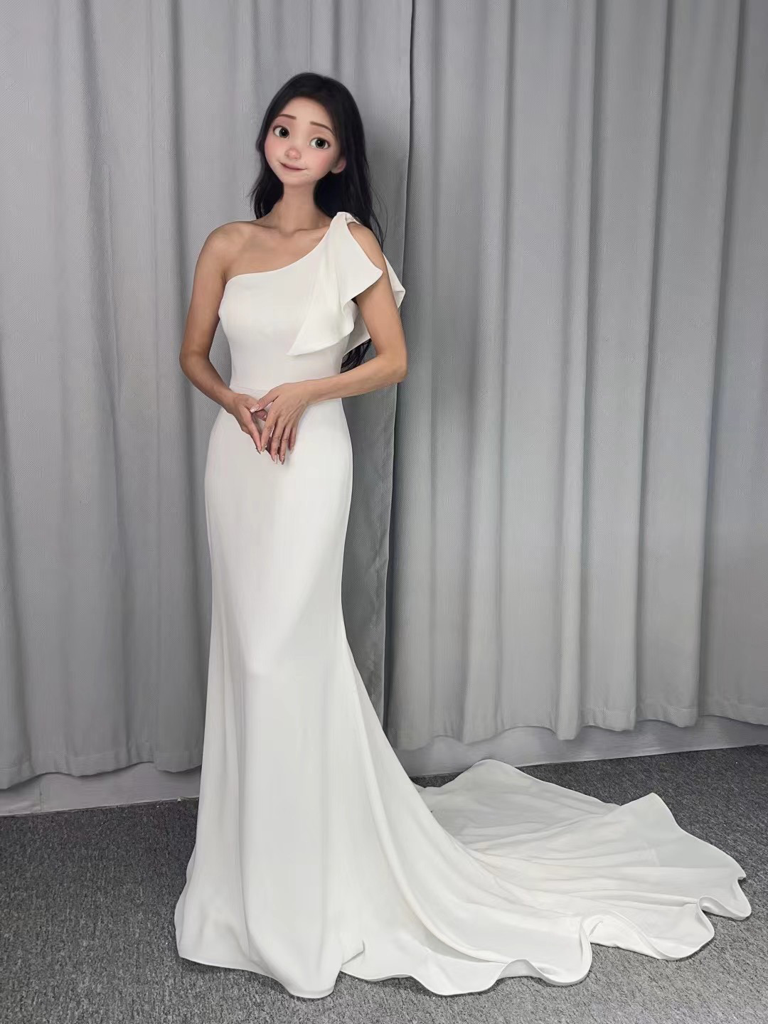 見逃さないで！マットグレープ生地　ホワイト　ワンショルダー　マーメイドドレス　オーダーサイズ　お色直し　上品　前撮り2次