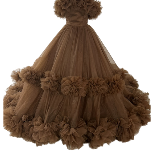 豪華！ カラードレス コーヒーの色 取り外しオフショルダー ラッフル  