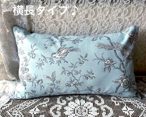 フランス製コットン シノワズリ柄 MESANGE (ブルー)横長クッション