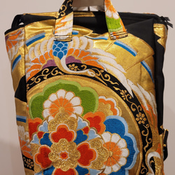 ハンドメイド 帯 リメイク リュック 古典柄 鶴 ハンドメイド 帯 リメイク リュック 古典柄 鶴