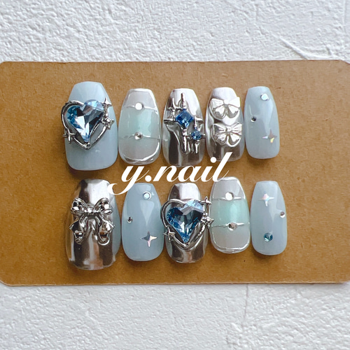 SHELLAC ririジップ ブルゾン y2k 現品ネイルチップ ミラー韓国シルバー青リボンy2k量産型