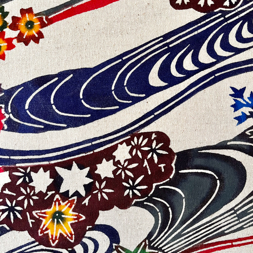 日本国内送料無料】手染め古典柄紅型/流水に桜と楓/スクエア