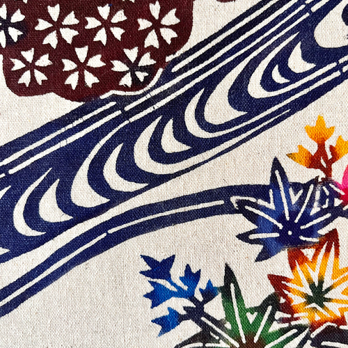 日本国内送料無料】手染め古典柄紅型/流水に桜と楓/スクエア