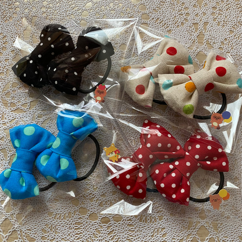 a リボンヘアゴム 2個セット 緑 グリーン 水玉 ドット 髪ゴム ベビー