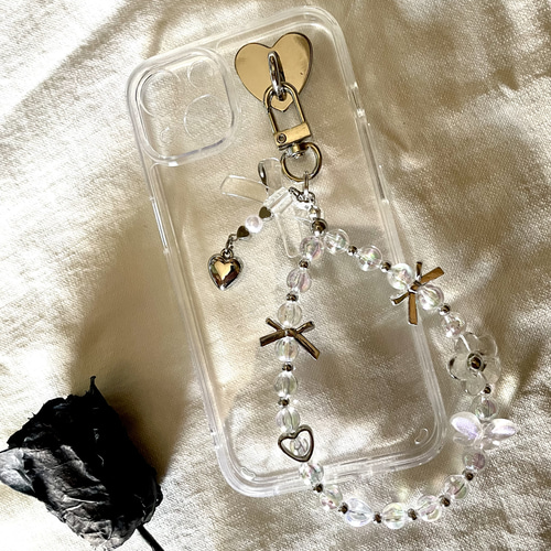 キーリングハンガー キーホルダー クリア ビーズ ハンドメイド ハート 