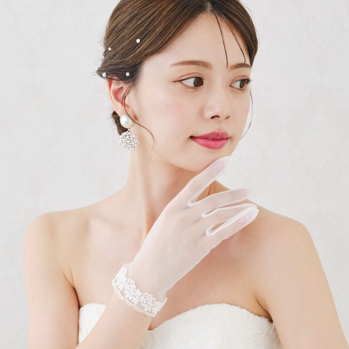 H115 ショートグローブ  ウェディング　結婚式　オーガンジー　レース　刺繍　パール　可愛い
