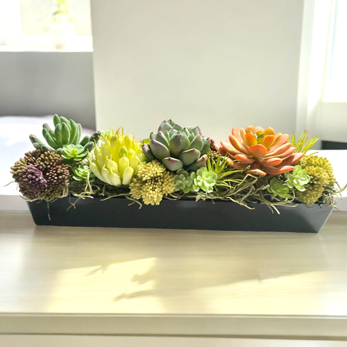 多肉植物 グリーンアレンジ 長方形 横 27cm フェイクグリーン