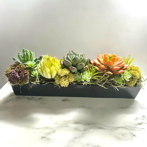 多肉植物 グリーンアレンジ 長方形 横 27cm フェイクグリーン