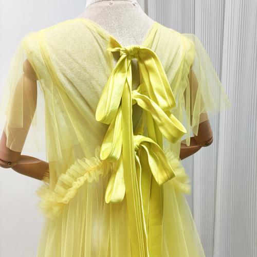 送料無料！カラードレス イエロー ソフトチュール 可愛い 妊婦 床付く  