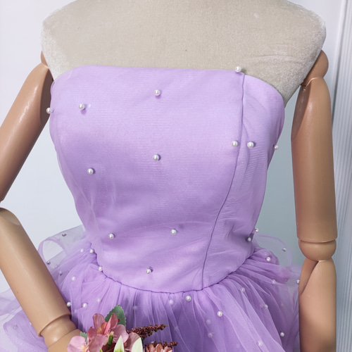 送料無料！カラードレス ミニドレス ラッフルフリル ベアトップ パール  