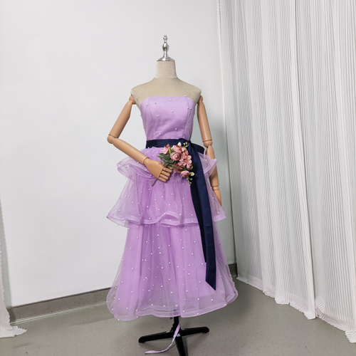 送料無料！カラードレス ミニドレス ラッフルフリル ベアトップ パール  