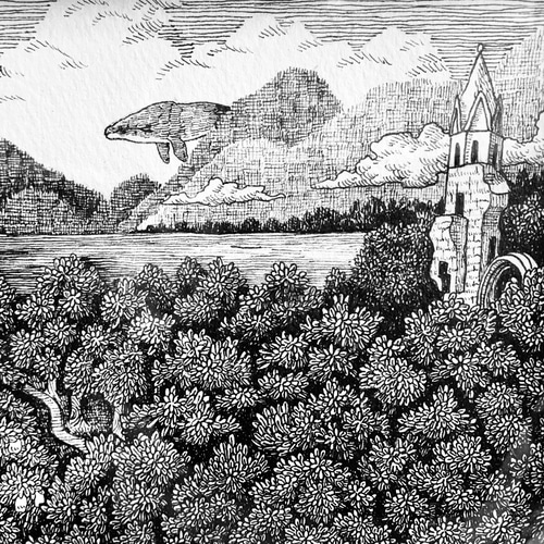 自作，日本の風景画 モノクロ 絵画 フレーム付き