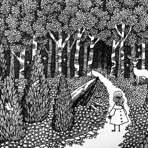 原画一点物】「旅路 -森-」ペン画 風景画 モノクロ 絵画 ソラノ｜森の