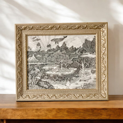 原画】ペン画「森のクリームソーダ」爽やかなメロンソーダと植物