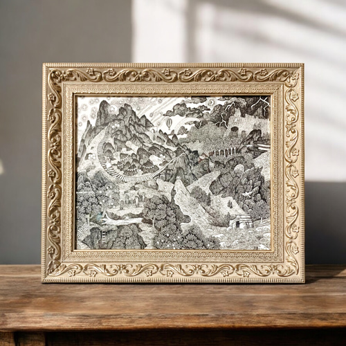 原画一点物】「旅路 -山-」ペン画 風景画 モノクロ 絵画 ソラノ｜森の