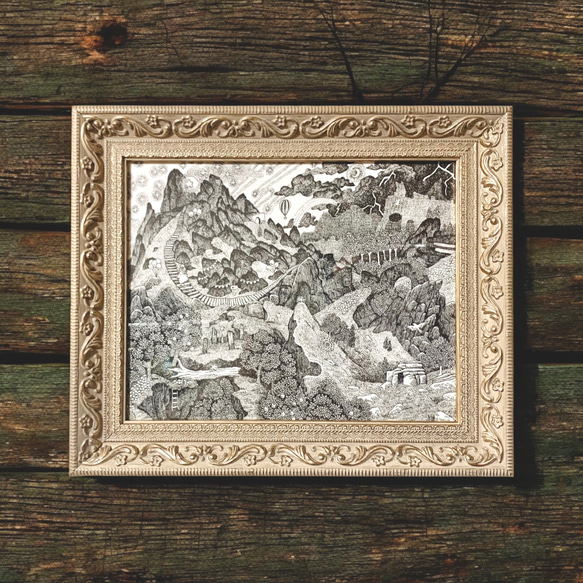 原画一点物】「旅路 -山-」ペン画 風景画 モノクロ 絵画 ソラノ｜森の