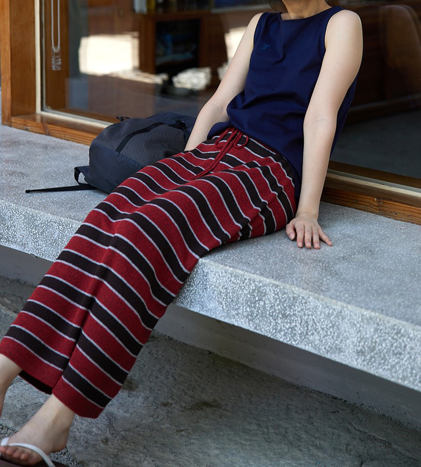 手触りやわらかなループヤーンを使用♪ボーダースカート レッド×ブラウン