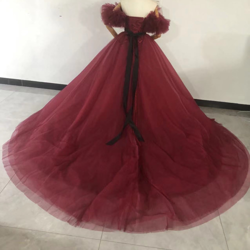 人気上昇！ボルドー色 カラードレス オフショルダー ベルト チュール  