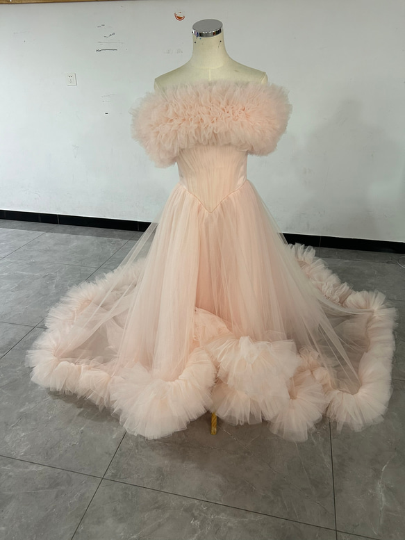 カラードレス ピンク ラッフルフリル 取り外しオフショルダー チュール  