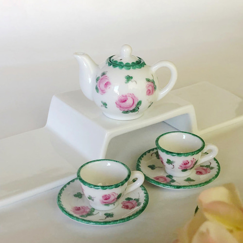 ミニチュア食器/ピンクroseの2人用ティーセット ティーカップ HITOMI