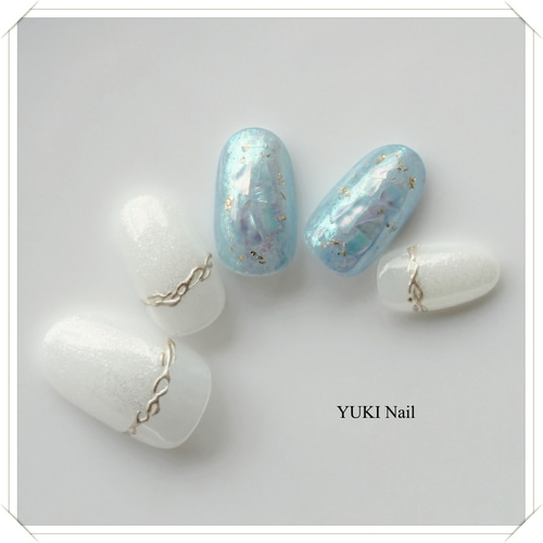 ネイルチップオーダー　m.様 受注製作】¥1900\おまとめ割有り/ブルーのシェルフラワーネイルチップ