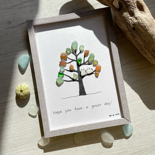 秋限定】シーグラスアート シマエナガ ツリー インテリア雑貨 壁掛け