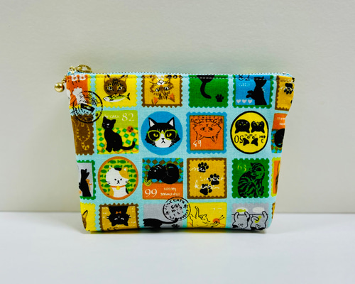 ファスナーポーチ 14cm ミニポーチ 猫 切手 ポーチ こぎつねコットン