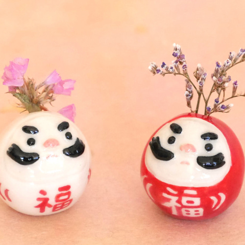 陶器 小さな 福だるま 紅白セット】ミニ花瓶 ミニチュア 高さ3㎝ 紅白