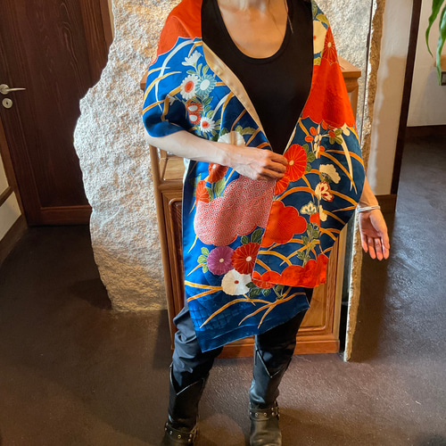 雲と菊 地柄 ヴィンテージ着物 青ストール 和装小物（帯・半襟