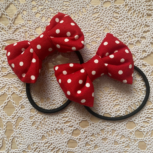 No.453】ヘアゴム ハンドメイド リボン ダブルリボン 赤白ドット 水玉 