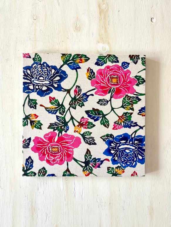 日本国内送料無料】手染め古典柄紅型/牡丹/スクエアファブリックパネル