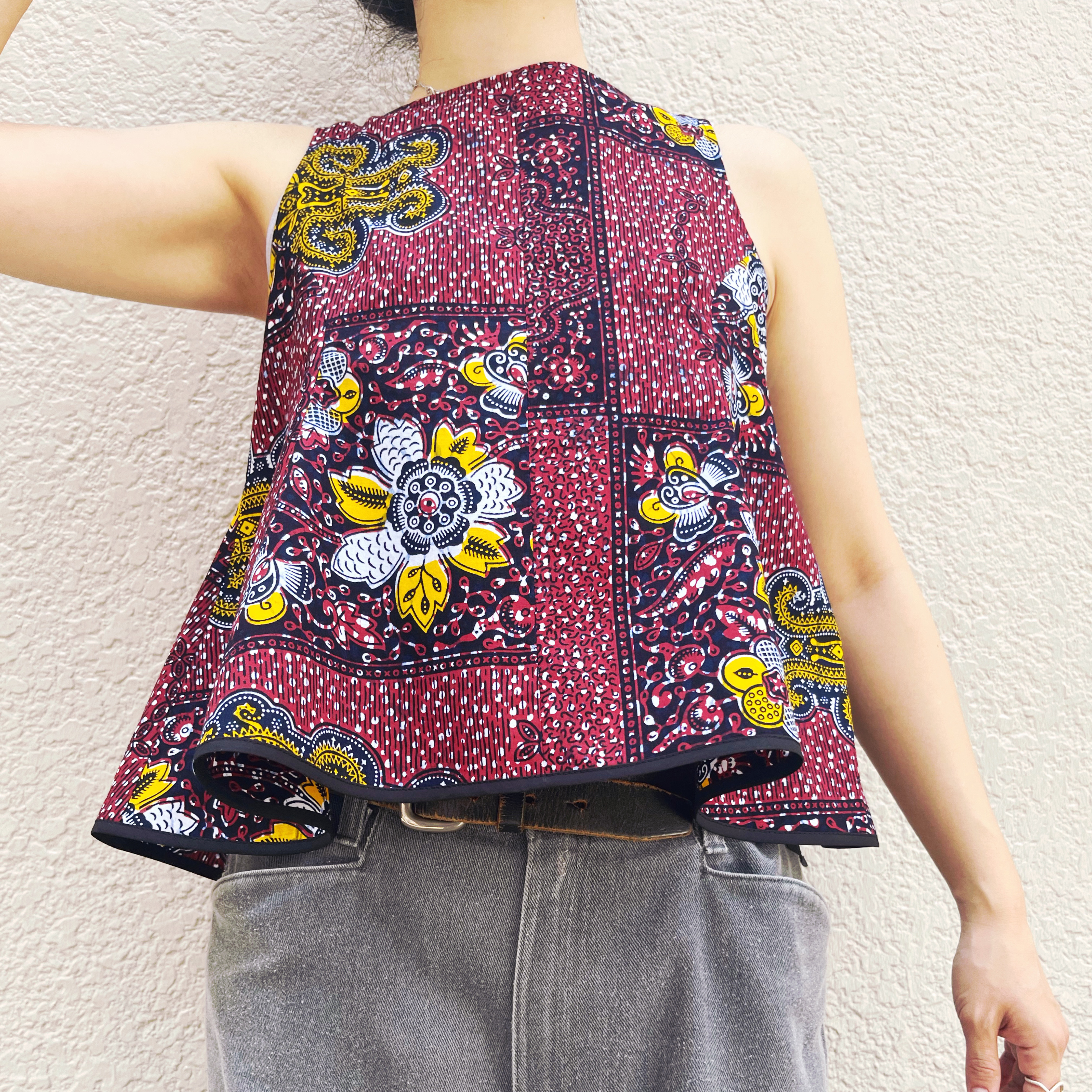 アフリカンバティック　大人紫柄ペプラムブラウス