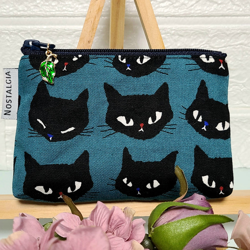 ハンドメイド ネコ柄 ファスナーポーチ