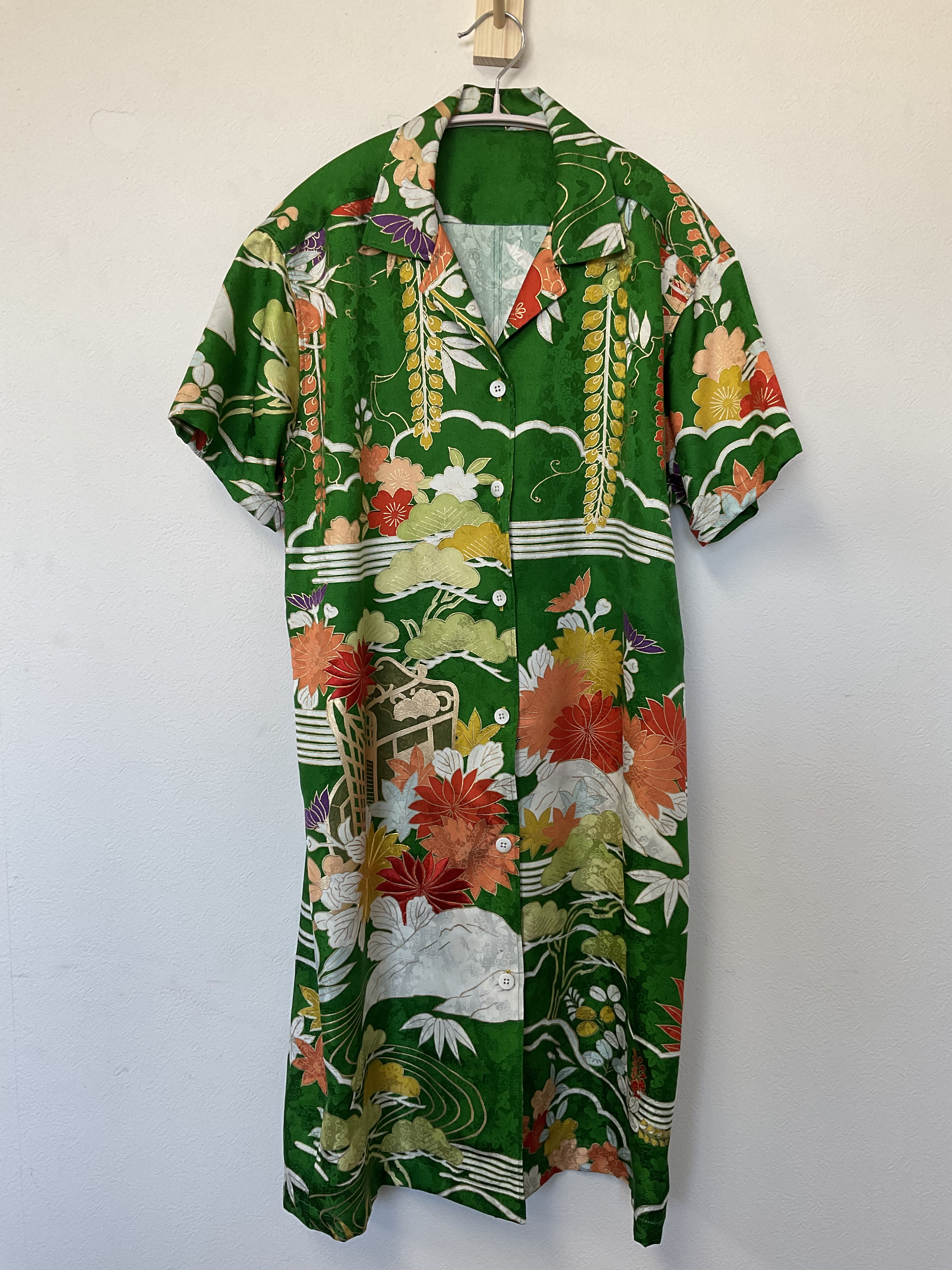 ヴィンテージ着物　藤と松　緑　シャツワンピース　フリーサイズ
