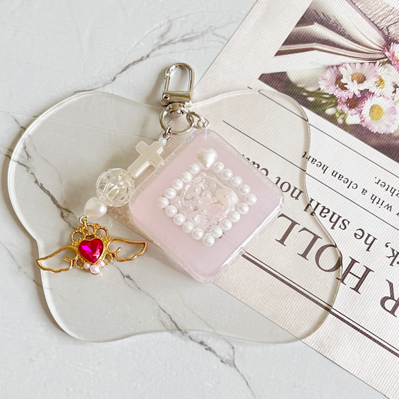 ダブルシェイカー スクエア レジン キーホルダー 天然石 ピンク パール