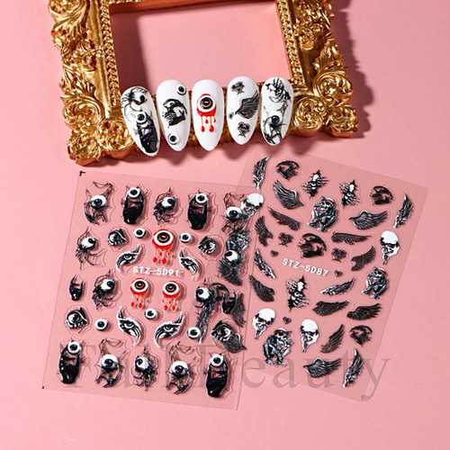 NT767 ネイルシール ぷっくり3D 羽根 ロック 骸骨 スカル ハロウィン