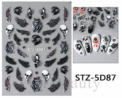 NT767 ネイルシール ぷっくり3D 羽根 ロック 骸骨 スカル