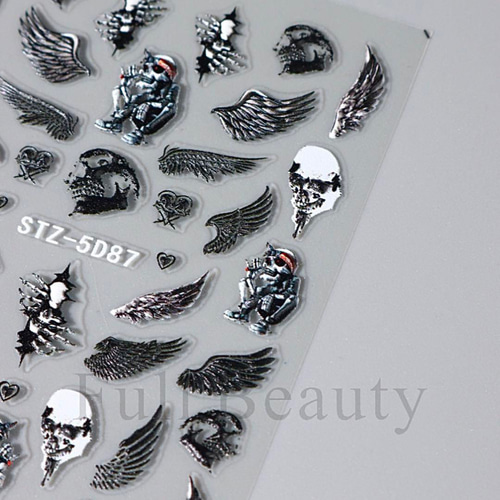 NT767 ネイルシール ぷっくり3D 羽根 ロック 骸骨 スカル