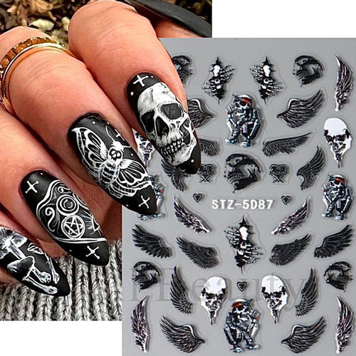 NT767 ネイルシール ぷっくり3D 羽根 ロック 骸骨 スカル ハロウィン