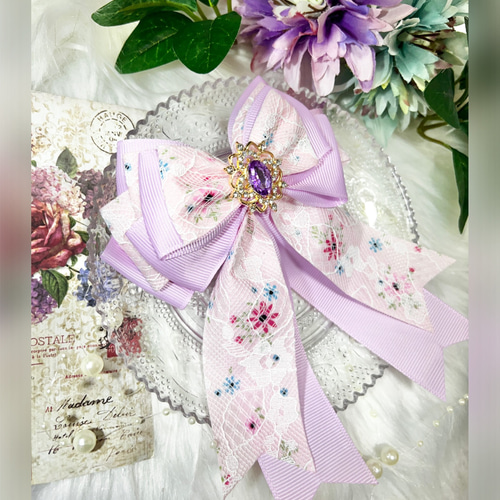 うさみみリボンヘアゴム3こセット花柄パステルカラーピンクパープル