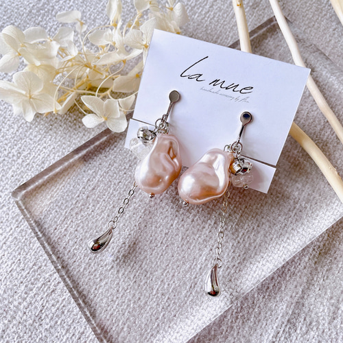 大粒 ピンク ページュ パール フープ ピアス 天然石 メタル チェーン  