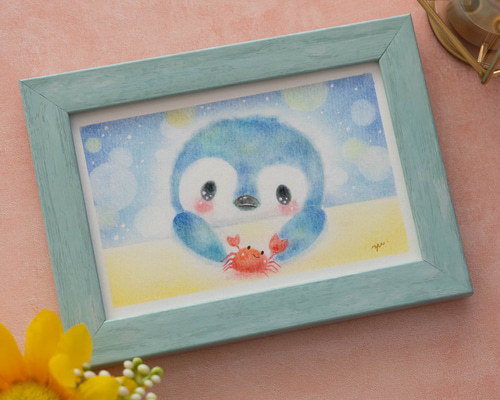 原画・フレーム付き】「ペンギンさんとカニさん」 パステル