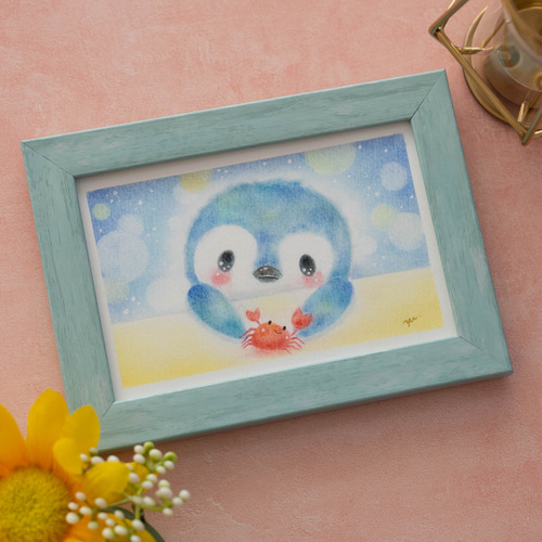 原画・フレーム付き】「ペンギンさんとカニさん」 パステルアート
