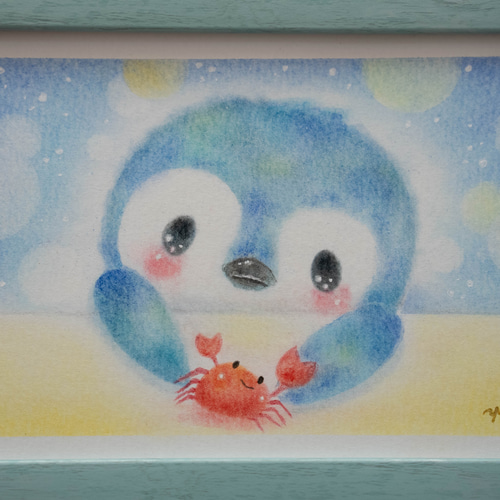 原画・フレーム付き】「ペンギンさんとカニさん」 パステルアート