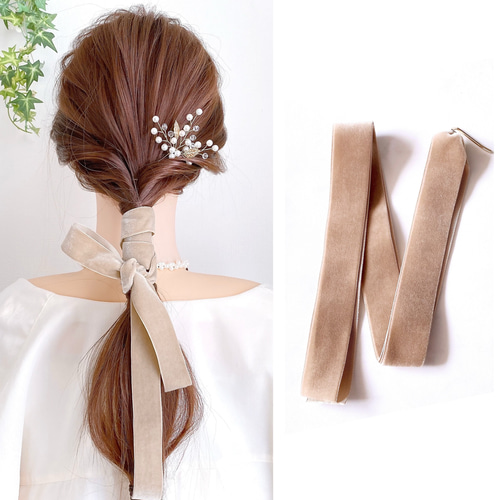 ベージュ / ワイド ベロアリボン ポニーフック ヘアリボン ベルベット