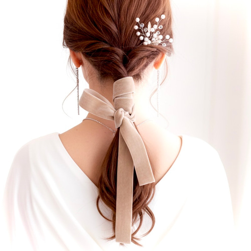ベージュ / ワイド ベロアリボン ポニーフック ヘアリボン ベルベット